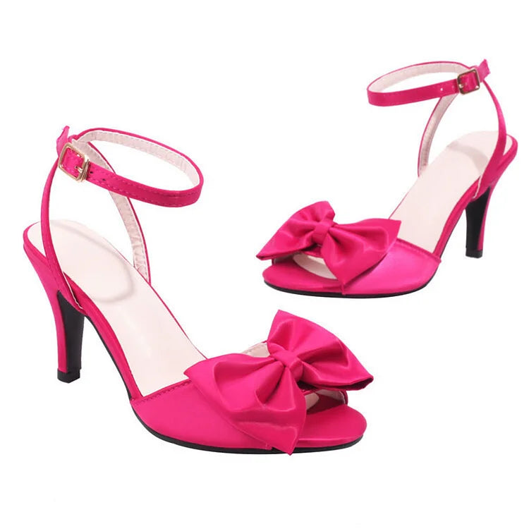 Bow Trim Peep-Toe Ankle Strap Mid Heel Stilettos