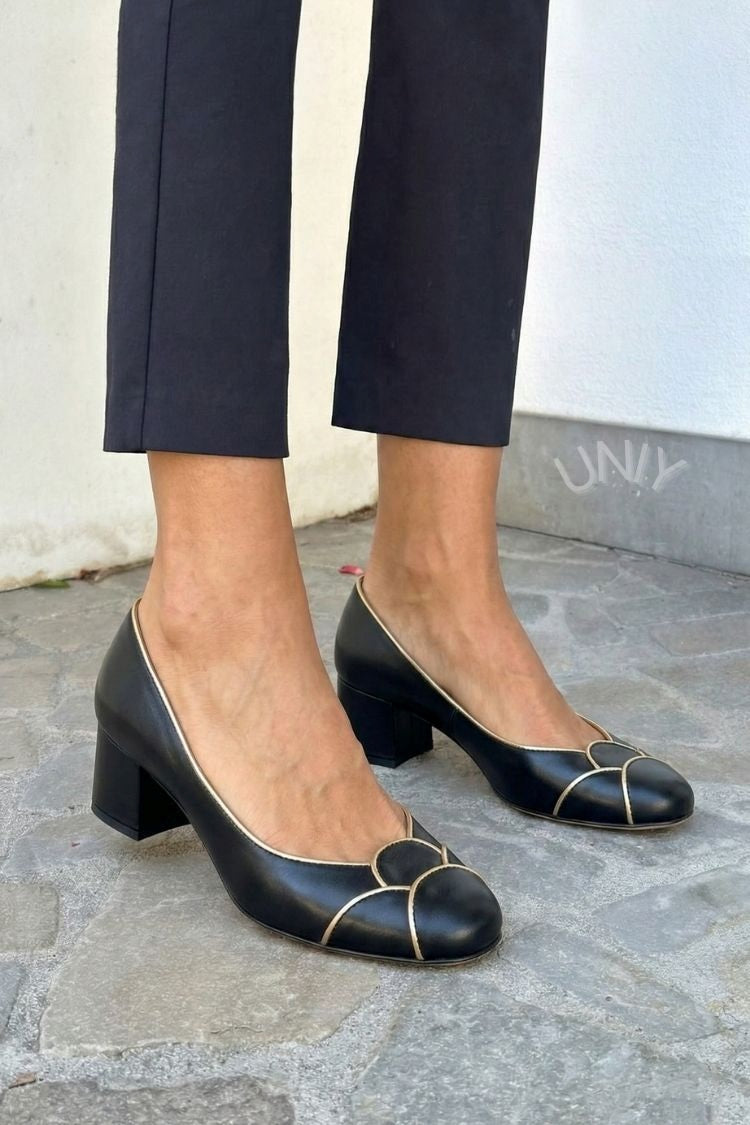 Chic Black Round Toe Gold Piping Cutout Block Heel Pumps [Pre Order]