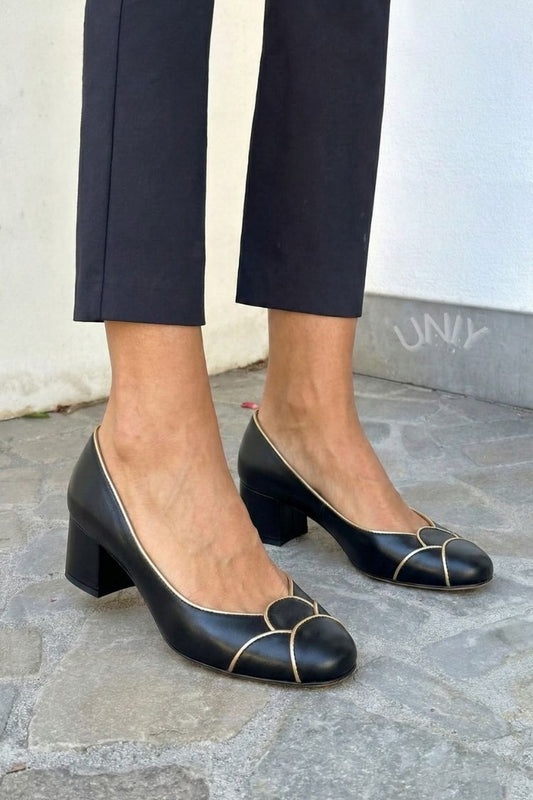 Chic Black Round Toe Gold Piping Cutout Block Heel Pumps [Pre Order]