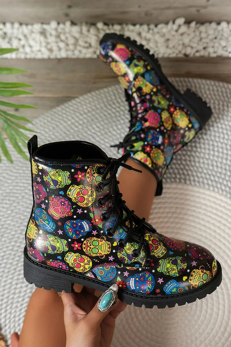 Colorful Floral Print Round Toe Low Block Heels Lace Up Ankle Boots