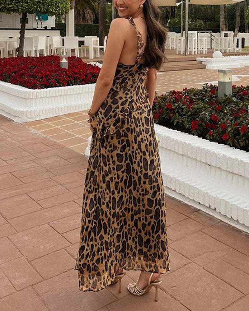 Vestido elegante de chiffon com estampa de leopardo dividido