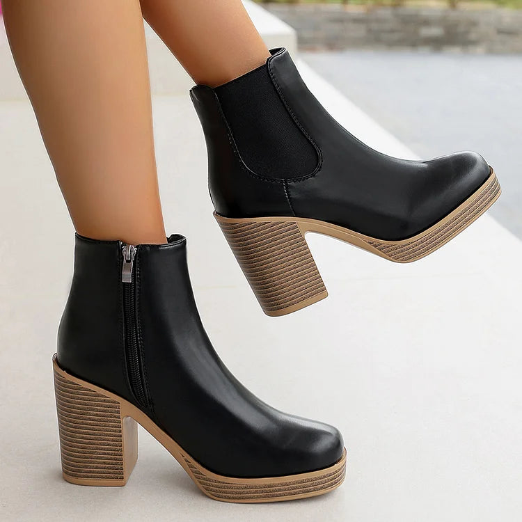 Zipper Patchwork Round Toe Chunky Heel Ankle Boots