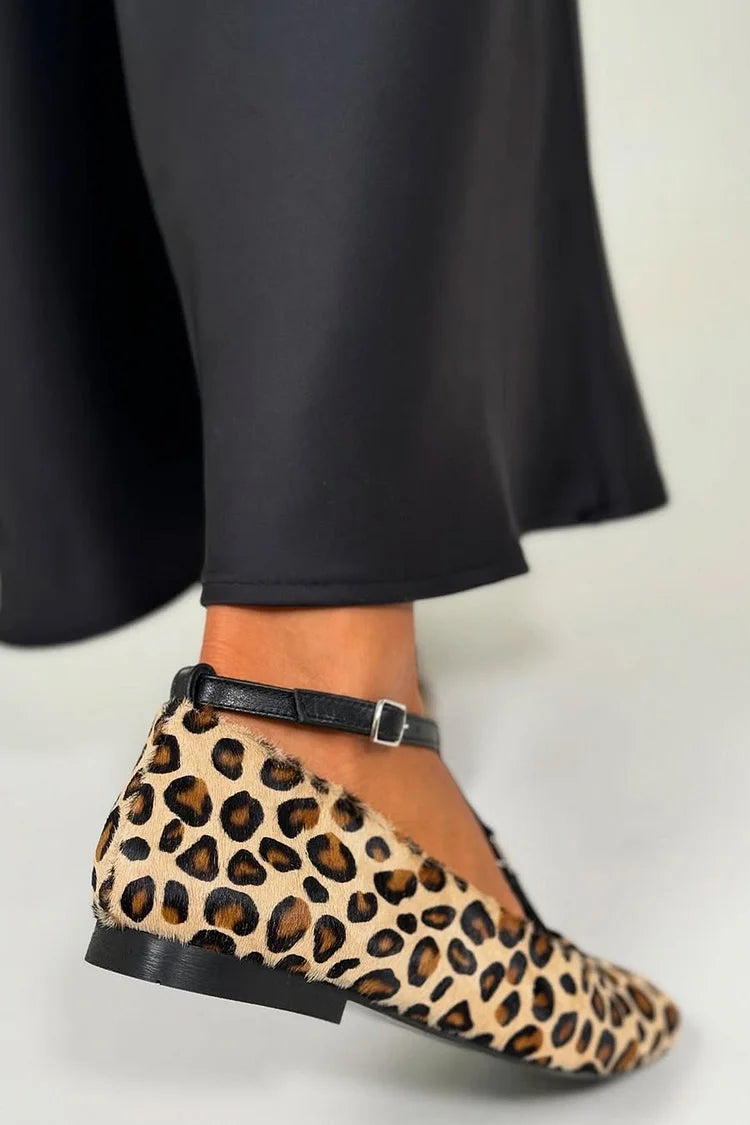 Leopard Print Colorblock T-Strap Buckle Beige Flats [Pre Order]