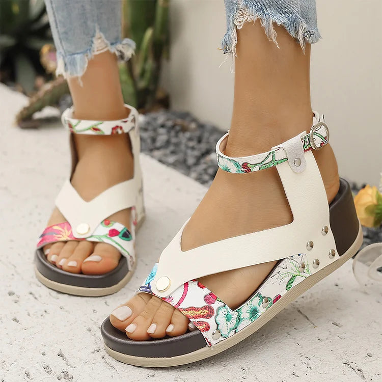 Patchwork Leopard Print Metal Rivets Round Toe Wedge Sandals