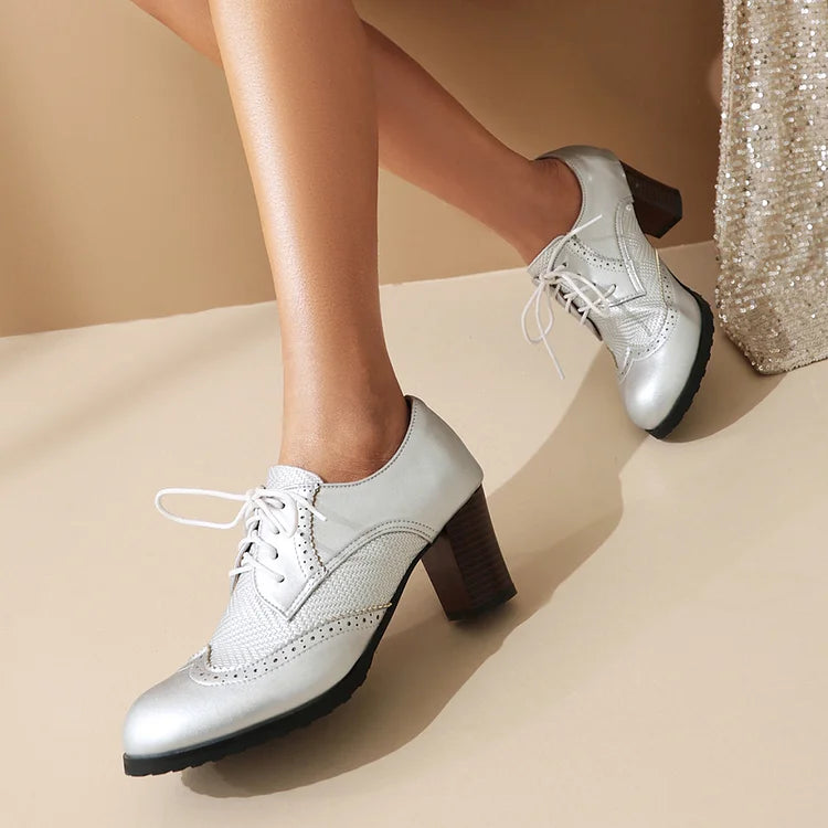 Metallic Sheen Patchwork Round Toe Lace Up Chunky Heels