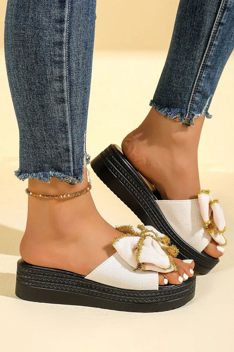 Contrast Trim Bow Decor Round Toe Casual Platform Slippers