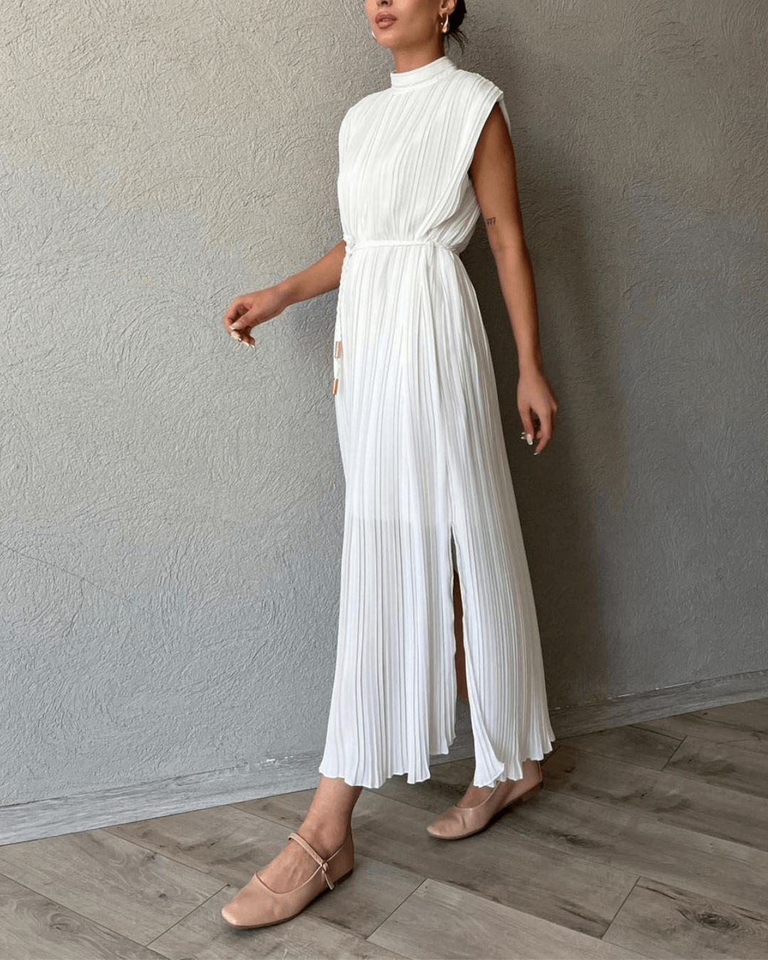 Ecru Pleated High Neck Midi Dress