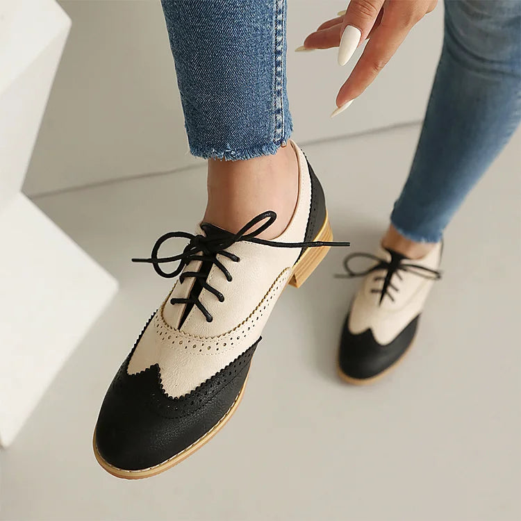 Round Toe Colorblock Patchwork Low Block Heel Lace Up Oxfords