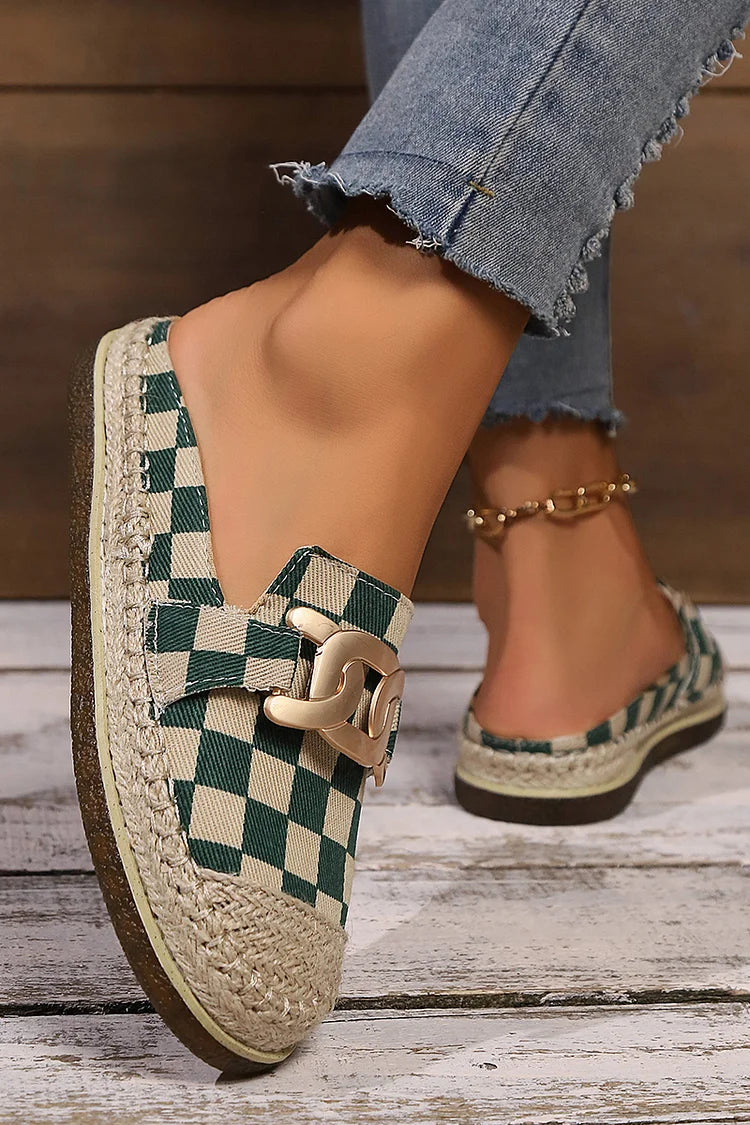 Plaid Metallic Chain Decor Patchwork Round Toe Mules