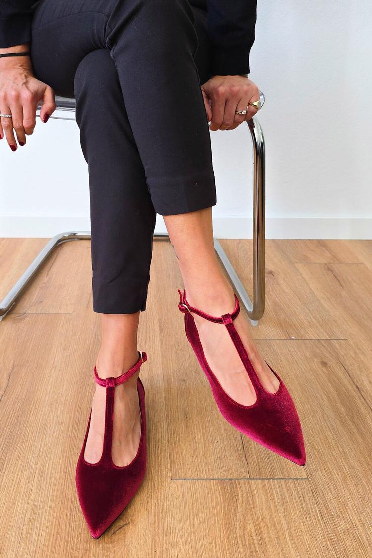 Patchwork T-Shaped Ankle Strap Pointy Toe Buckle Burgundy Flats [Pre Order]