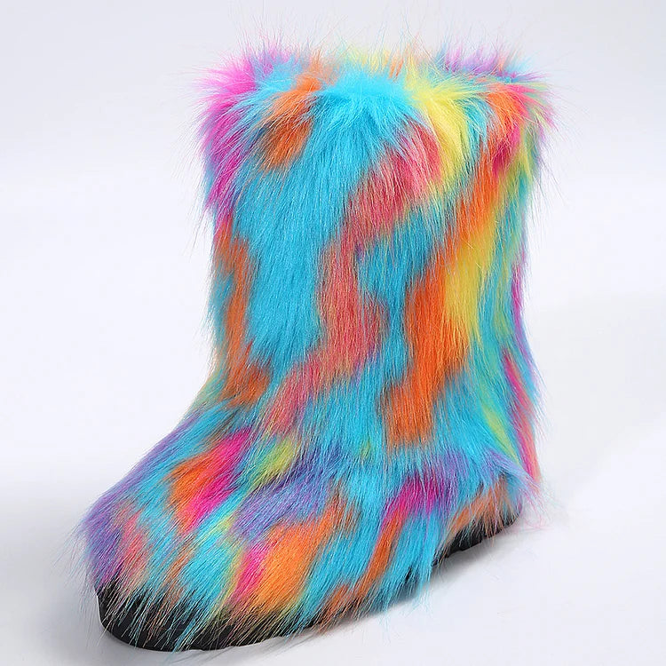 Multicolor Faux Fur Round Toe Low Platform Pull On Snow Boots