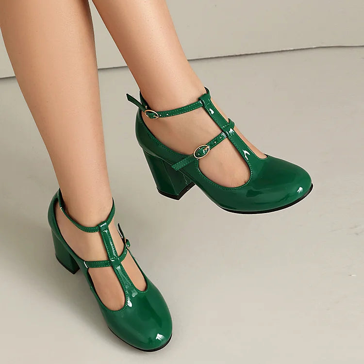 Solid Color Cross Strap Buckle Round Toe Chunky Heels