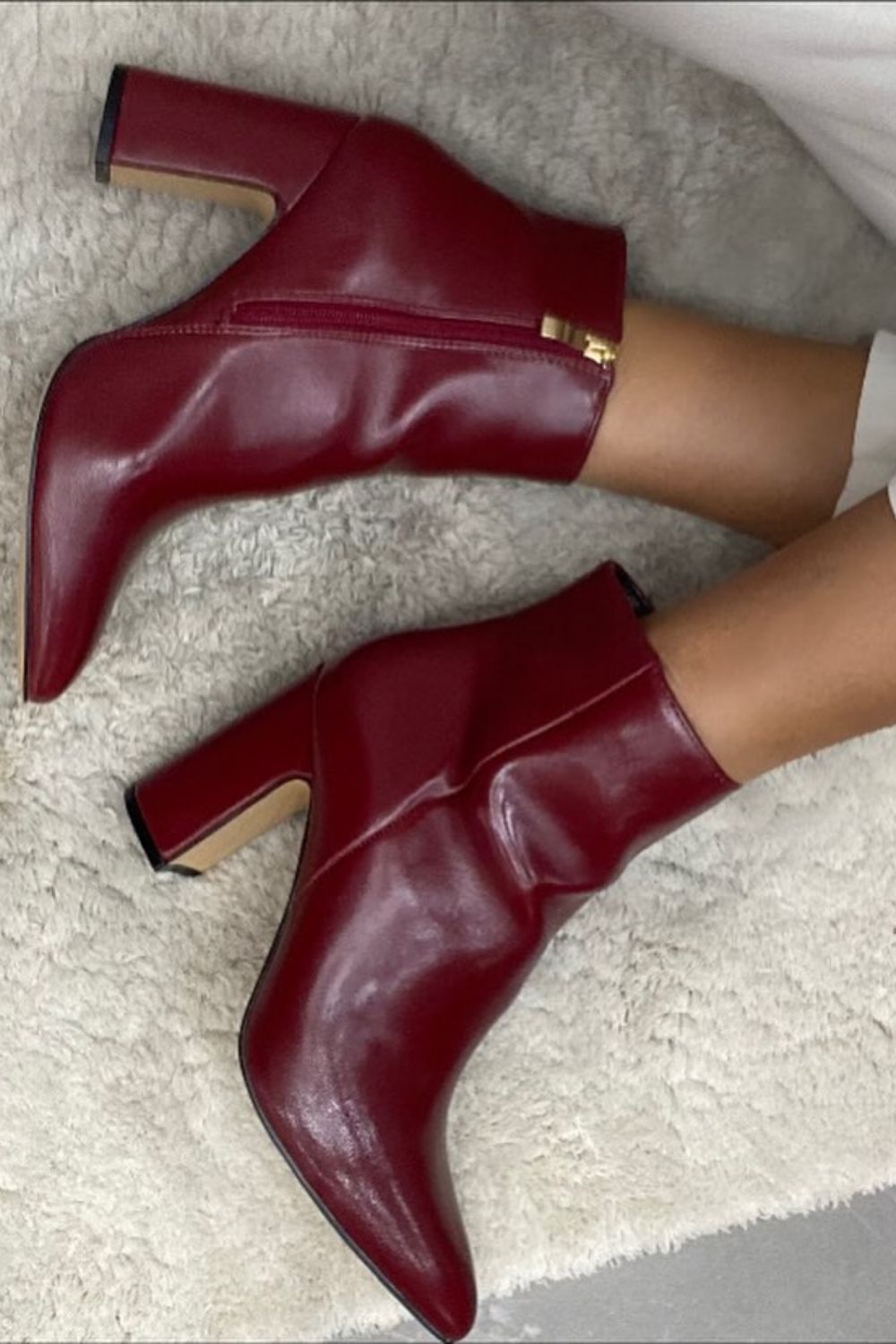 Burgundy Patent Pointed Toe Zipper Block Heel Ankle Boots [Pre Order]