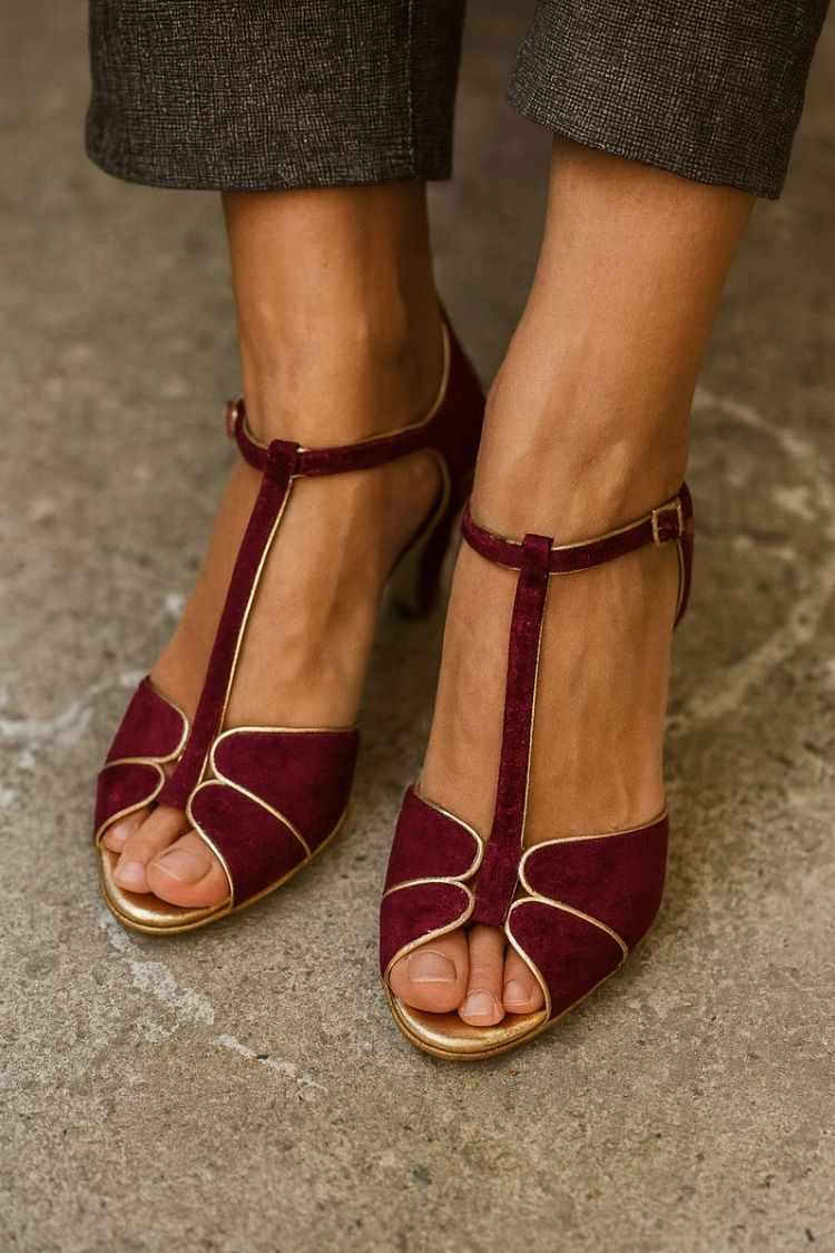 Scarpe con tacco a spillo e cinturino a T in pelle scamosciata a contrasto [Pre-ordine]