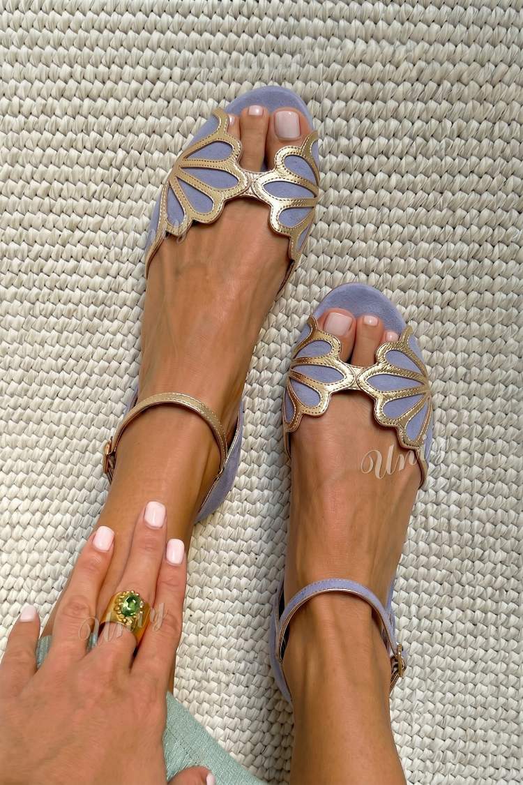Scalloped Cutout Peep Toe Ankle Strap Flat Sandals [Pre Order]