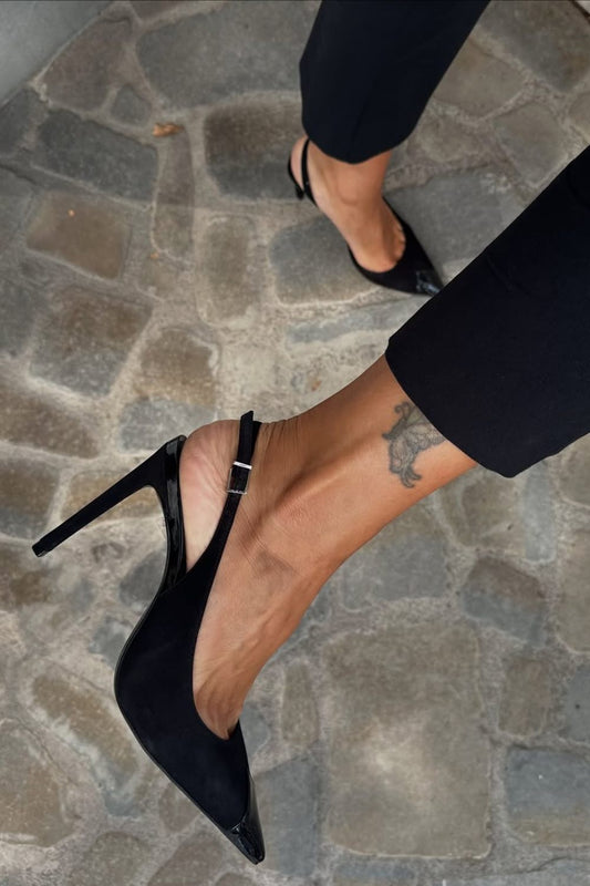 Schwarze Lack Slingback Spitz Stiletto Absätze [Vorbestellung]