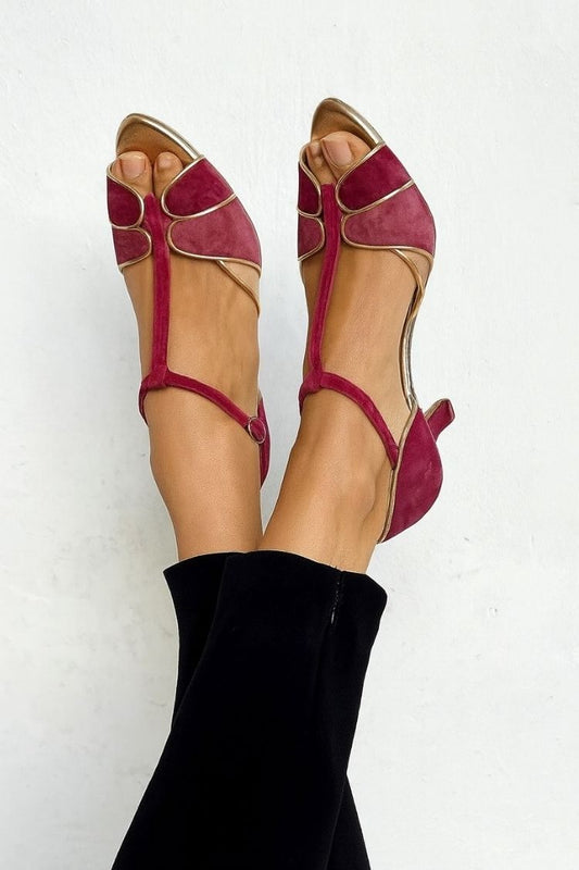 Sandali eleganti con tacco a gattino, punta aperta, cinturino a T e profili in pelle scamosciata a contrasto [Pre-ordine] 