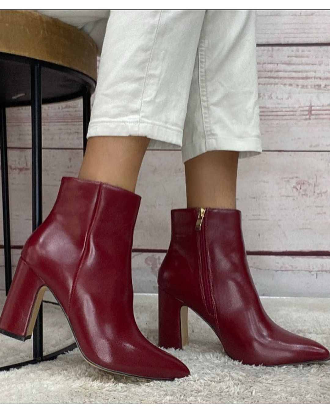 Burgundy Patent Pointed Toe Zipper Block Heel Ankle Boots [Pre Order]