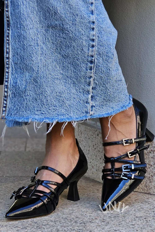 Scarpe con tacco a spillo multi-fibbia in vernice nera [Pre-ordine] 