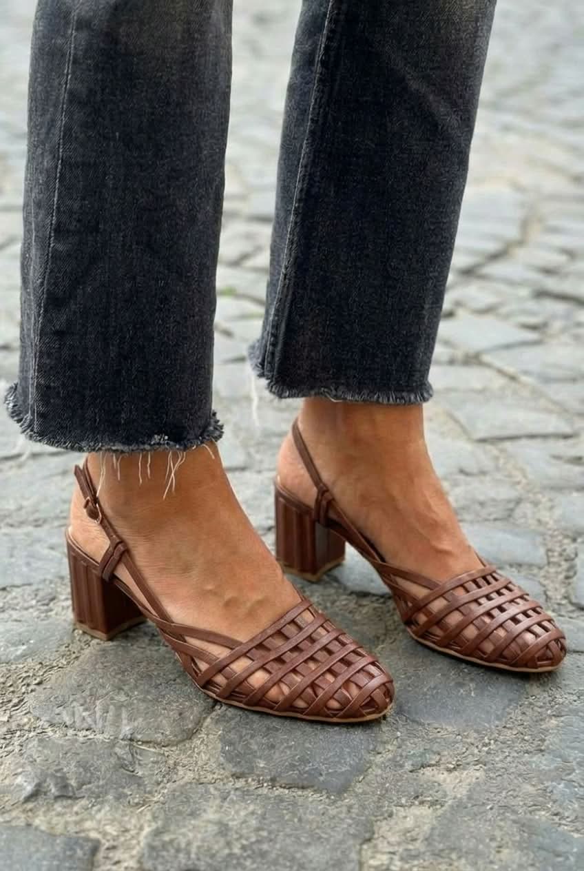 Woven Cage Closed Toe Slingback Chunky Heels [Pre Order]
