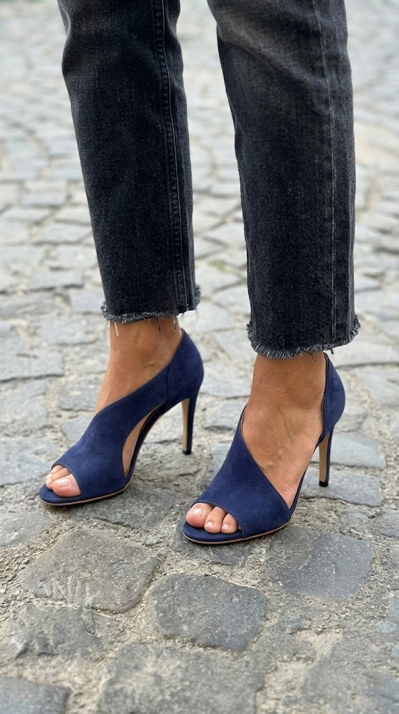 Navy Suede Peep Toe Asymmetrical Stiletto Pumps [Pre Order]