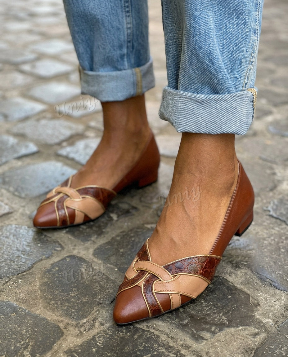Embossed Crisscross Pointed Toe Low Block Heel Pumps [Pre Order]