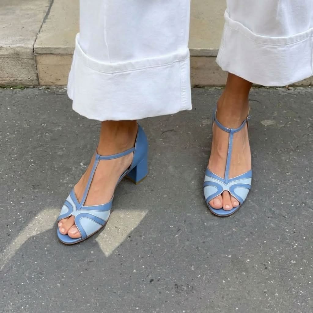 Two Tone Peep Toe T-Strap Blue Block Heels [Pre Order]