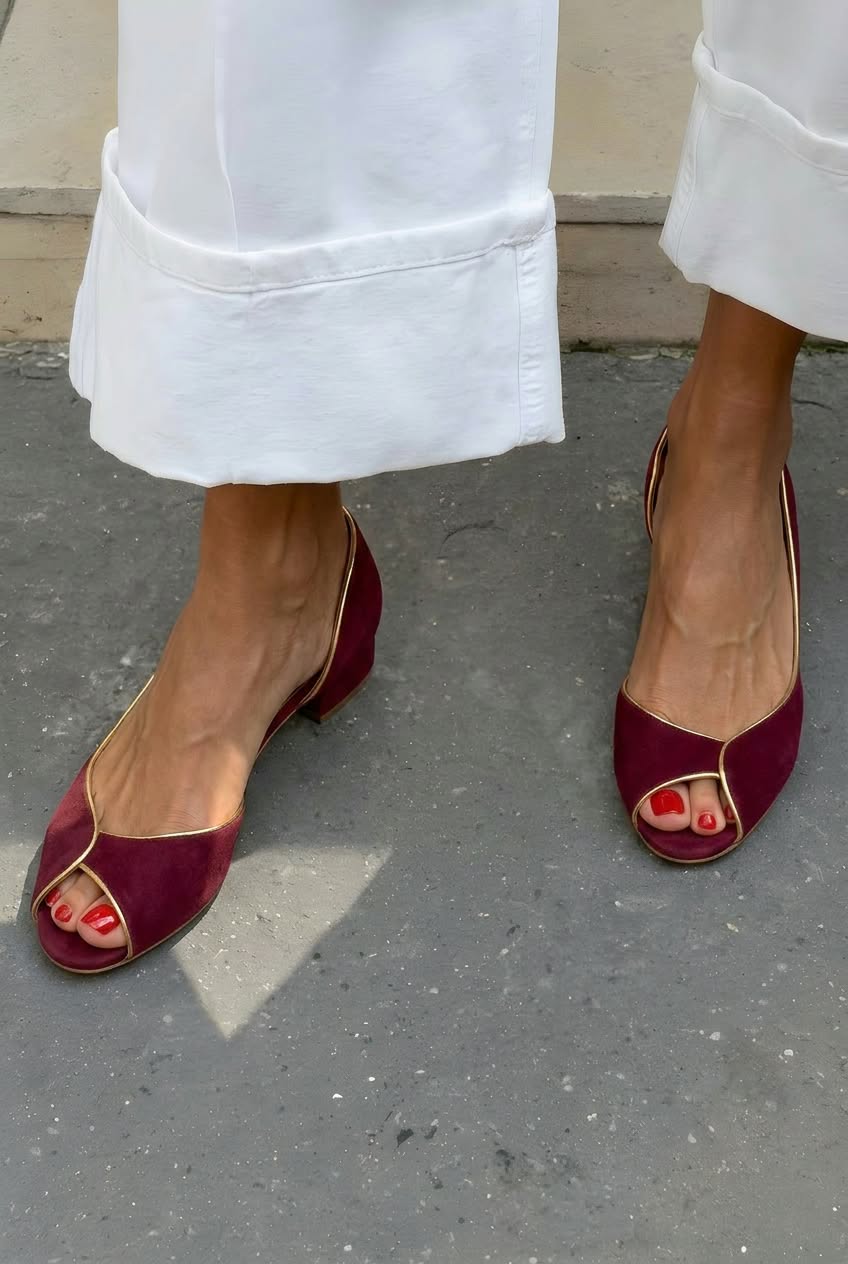 Suede Piping Peep Toe Low Block Slingbacks [Pre Order]