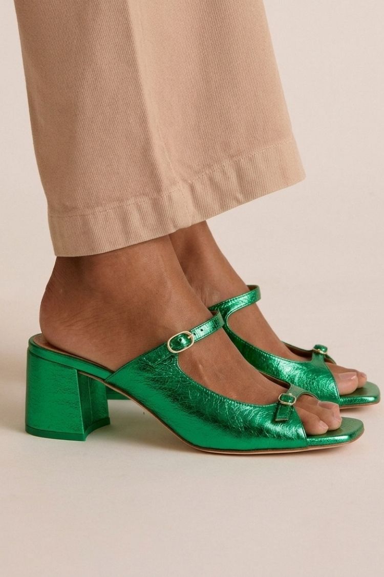 Open Cut Out Colorblock Toe Slingback Gold Chunky Heels