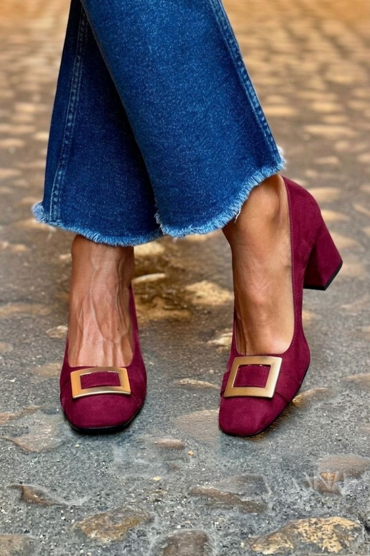 Patchwork Metal Decor Square Toe Navy Chunky Heels