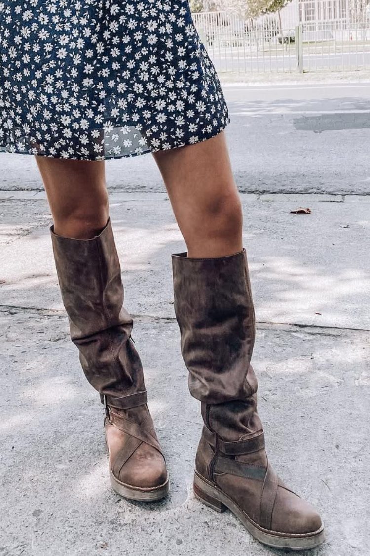 Brązowe marszczone kozaki na kolano z paskiem i klamrą [Przedsprzedaż]