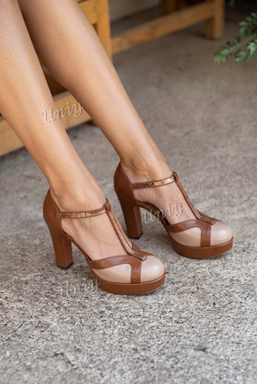 Glitter Trim T-Strap Platform Block Heels [Pre Order]