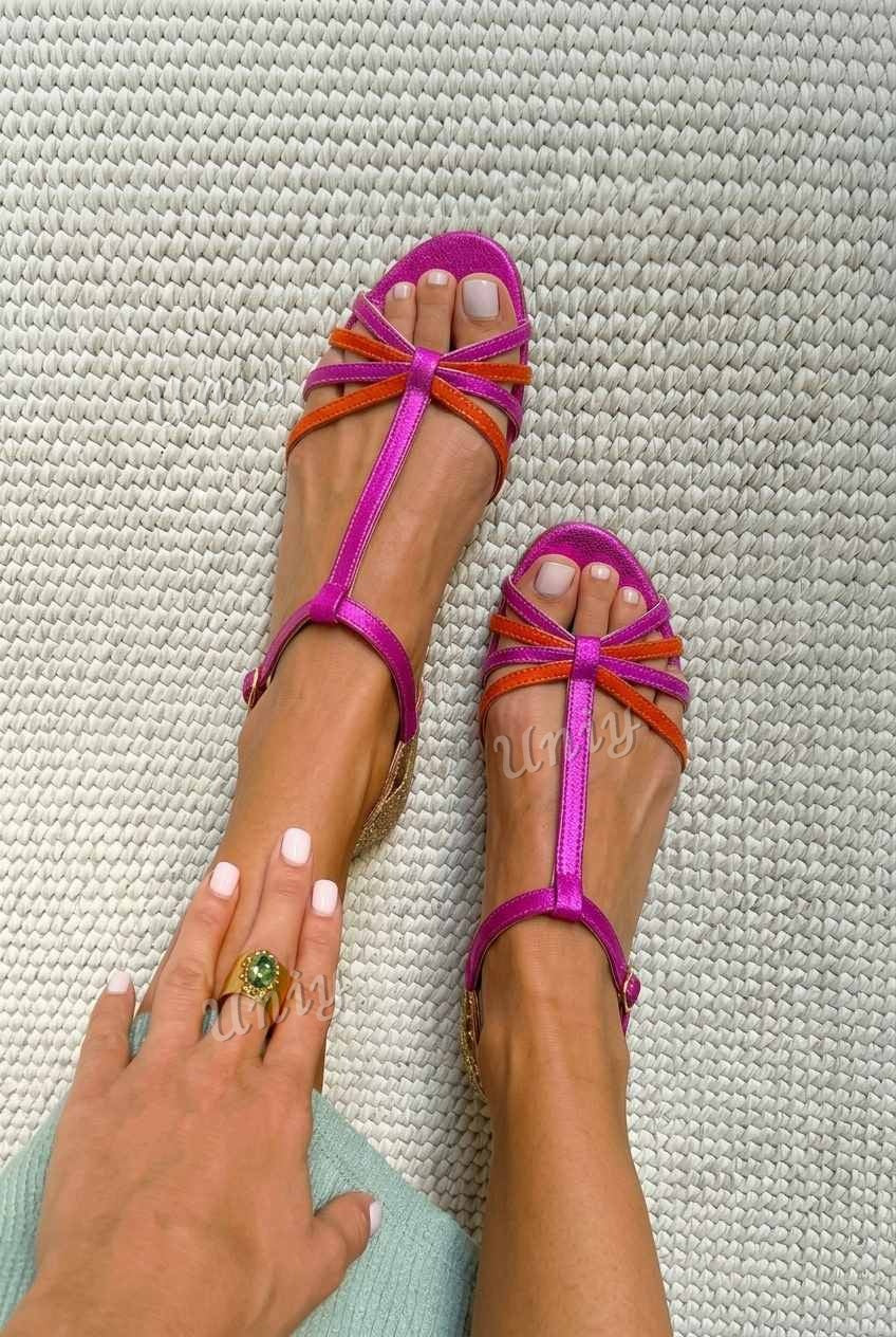 Metallic Crisscross T-Strap Flat Sandals [Pre Order]