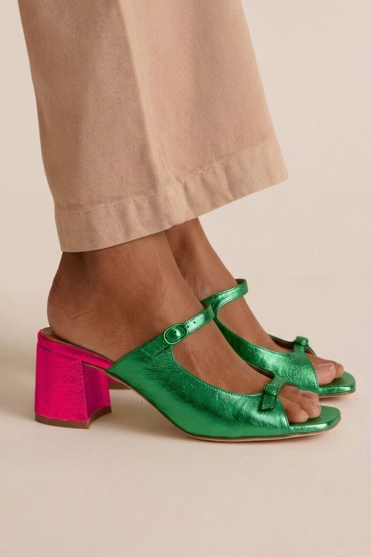 Open Cut Out Colorblock Toe Slingback Gold Chunky Heels