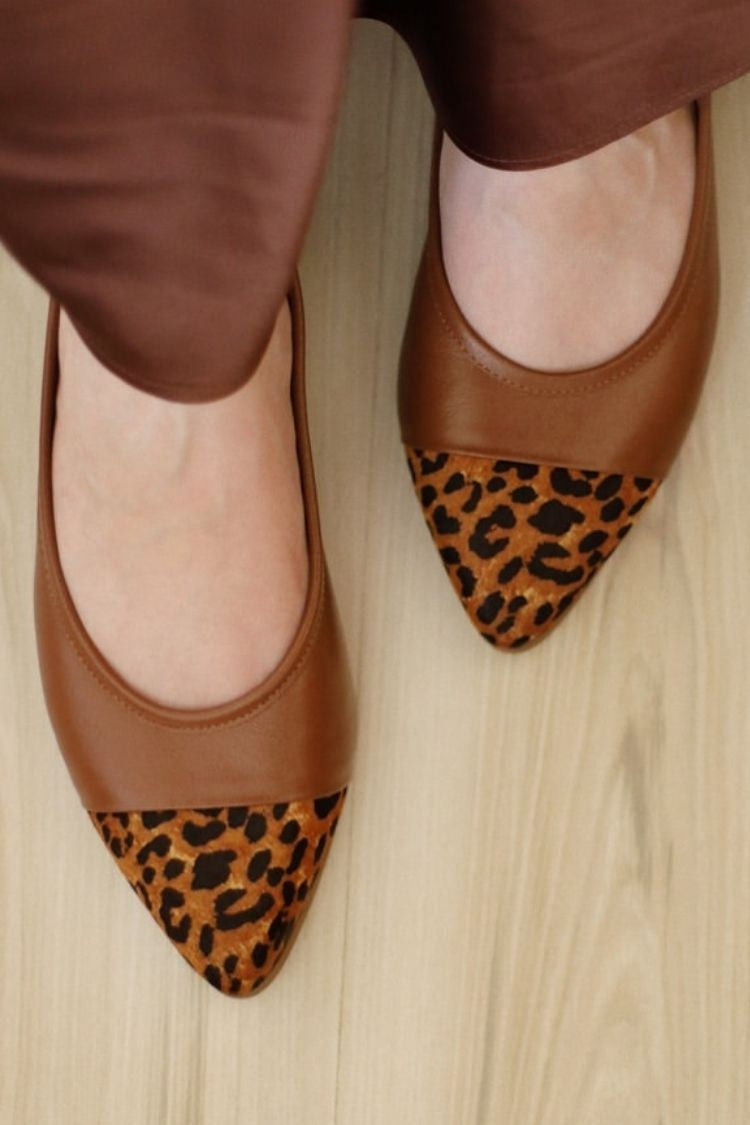 Kunstleder Colorblock Leopardenmuster Kappe Zehen Spitz Ballerinas [Vorbestellung]