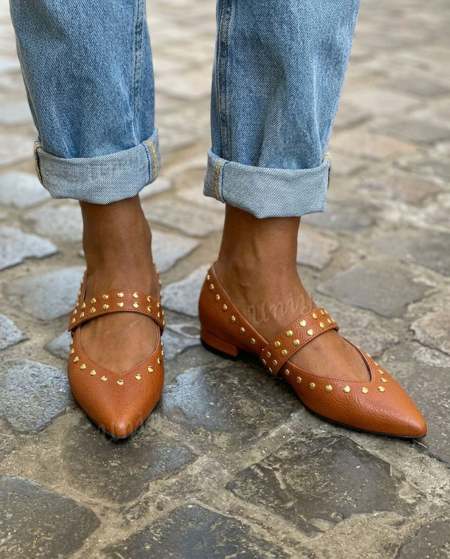 Studded Pointed Toe Mary Jane StrapFlat Shoes [Pre Order]