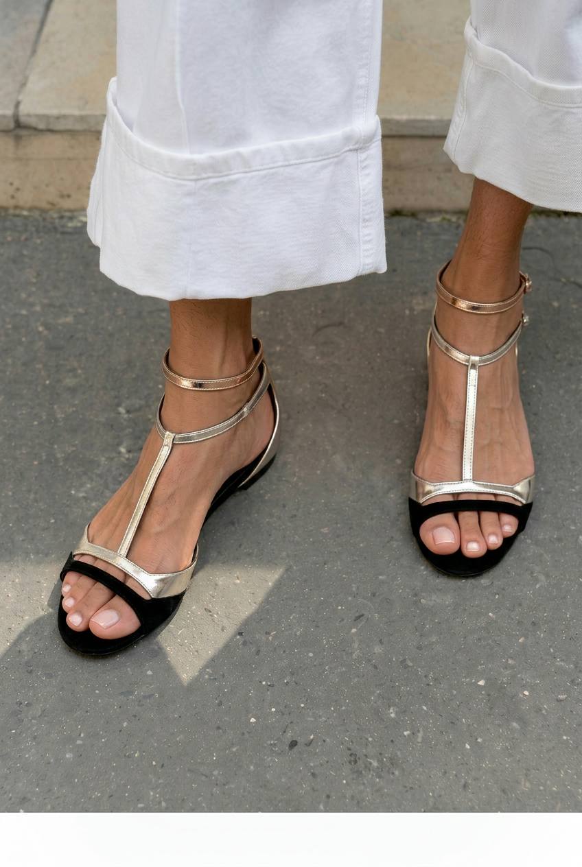 Metallic T-Strap Open Toe Flat Dress Sandals [Pre Order]