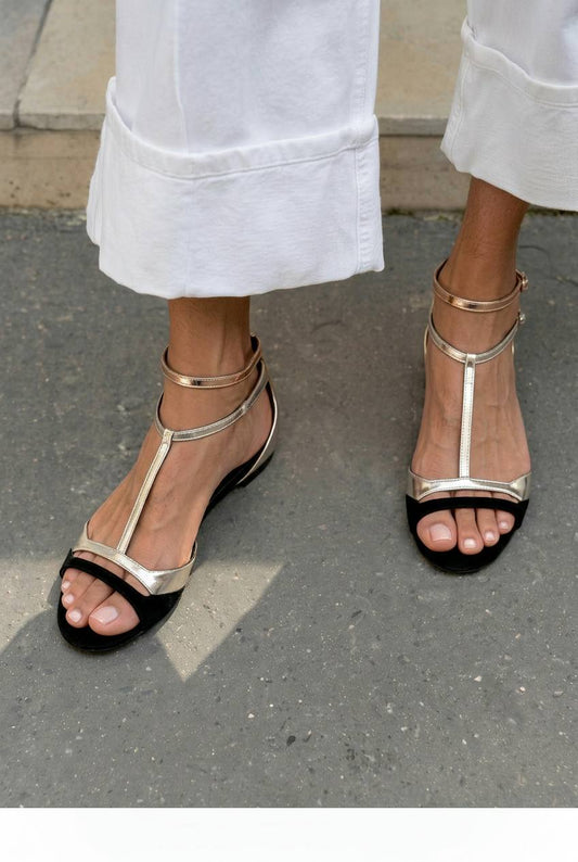 Metallic T-Strap Open Toe Flat Dress Sandals [Pre Order]