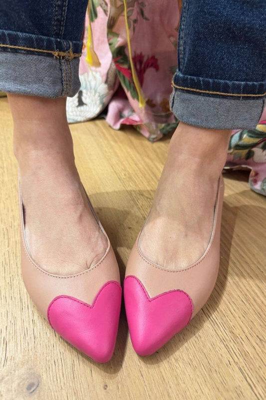 Leather Colorblock Heart Patch Pointed Toe Ballet Flats [Pre Order]