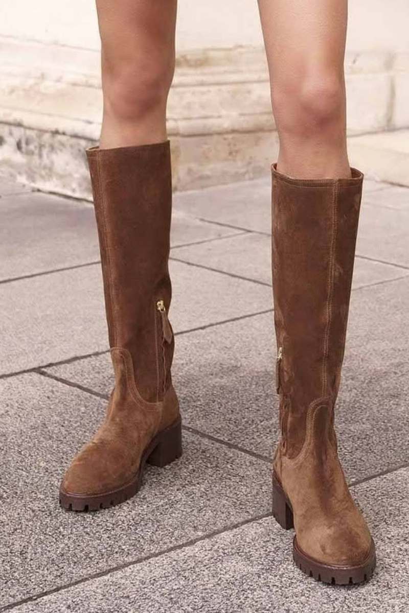 Wildleder braune kniehohe Stiefel mit Blockabsatz