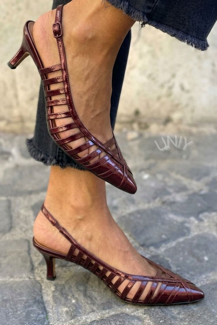 Green Patent Leather Pointed Toe Cage Strap Kitten Heels [Pre Order]