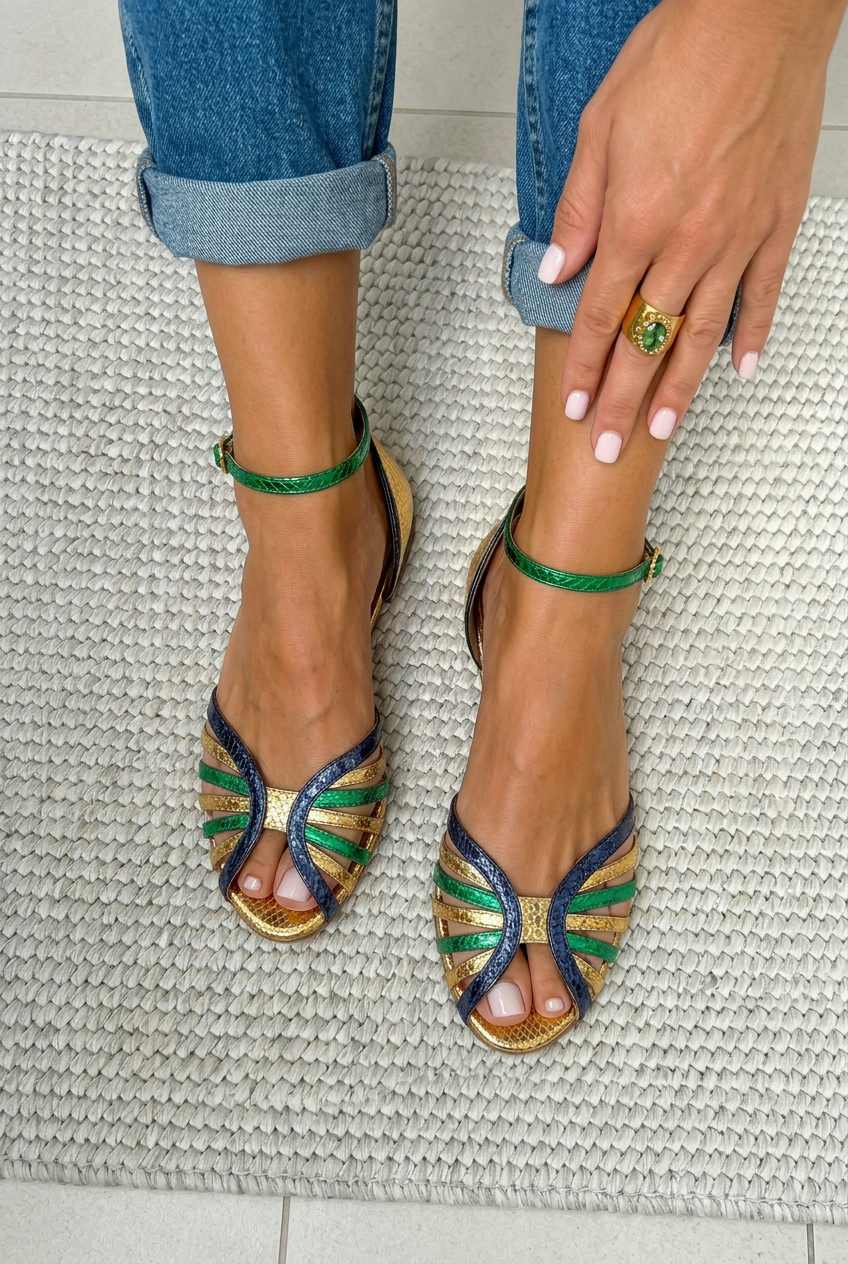 Snakeskin Patterned Peep Toe Ankle Strap Flat Sandals [Pre Order]