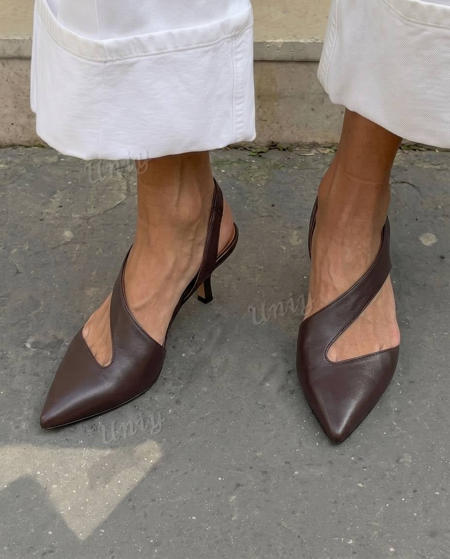 Asymmetric Cutout Pointed Toe Slingback Kitten Heels [Pre Order]