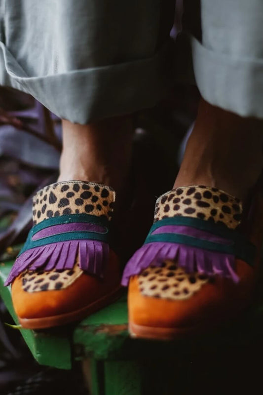 Colorblock Fringe Square Toe Leopard Print Brown Loafers