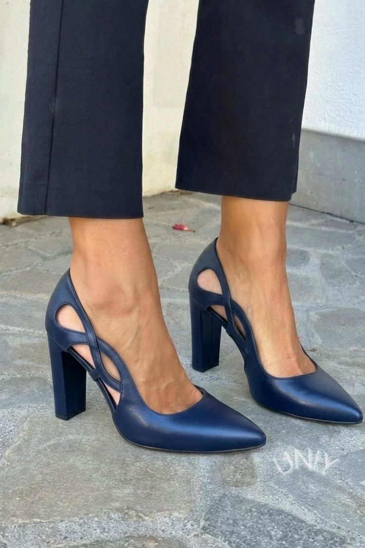 Faux Leather Cutout Block Heel Pointed Pumps