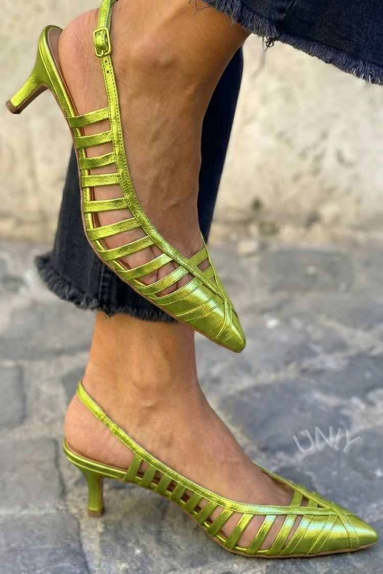 Green Patent Leather Pointed Toe Cage Strap Kitten Heels [Pre Order]