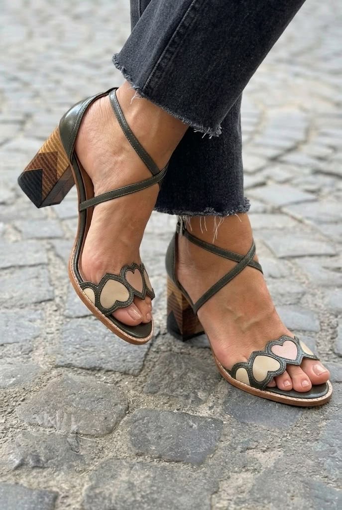 Heart Detail Crisscross Peep Toe Block Heel Sandals [Pre Order]