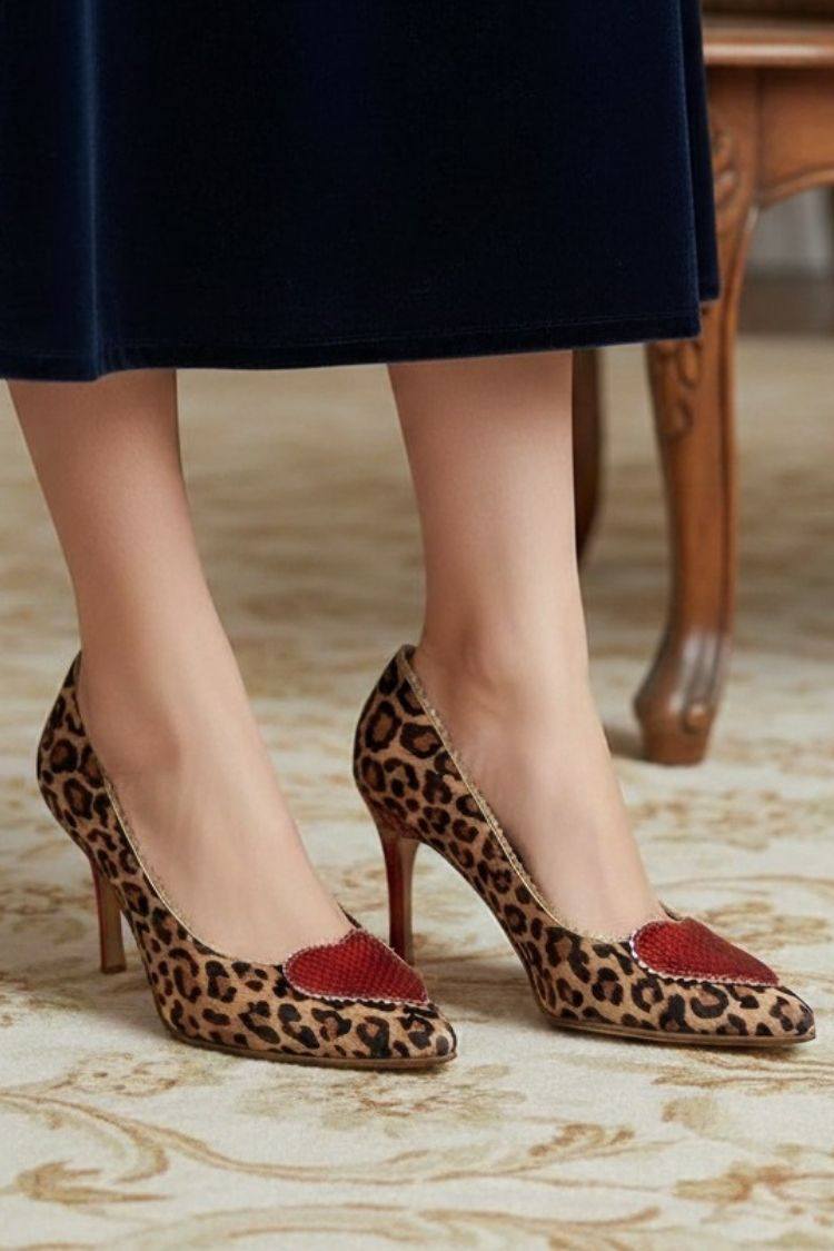 Leopard Print Heart Appliqué Pointed Toe Stiletto Pumps [Pre Order]