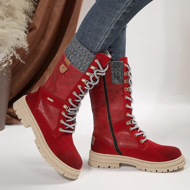 Patchwork Round Toe Low Block Heel Lace Up Mid Calf Boots