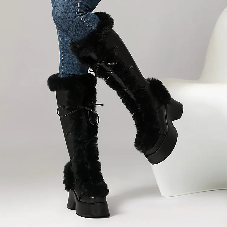 Fluffy Trim Lace Up Round Toe Chunky Heel Platform Snow Boots